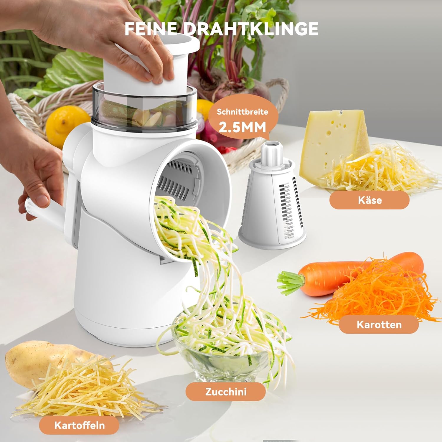 KitchenBoss Manual Vegetable Slicer, Mandolin Vegetable Slicer: Cheese Grater, Drum Grater, 3 in 1, Suitable for Many Types of Vegetables and Fruit, Includes 3 Types of Stainless Steel Blades, with