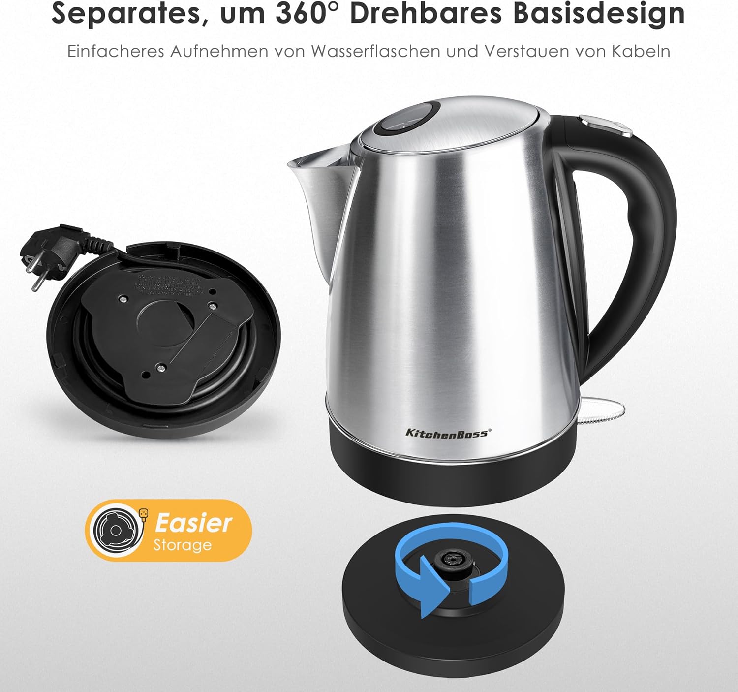 KitchenBoss Kettle 1.7 L Stainless Steel Electric Kettle with Limescale Filter, Kettle with Visible Window and Water Level Indicator, Automatic Shut-Off and Boil Dry Protection, 2100 W