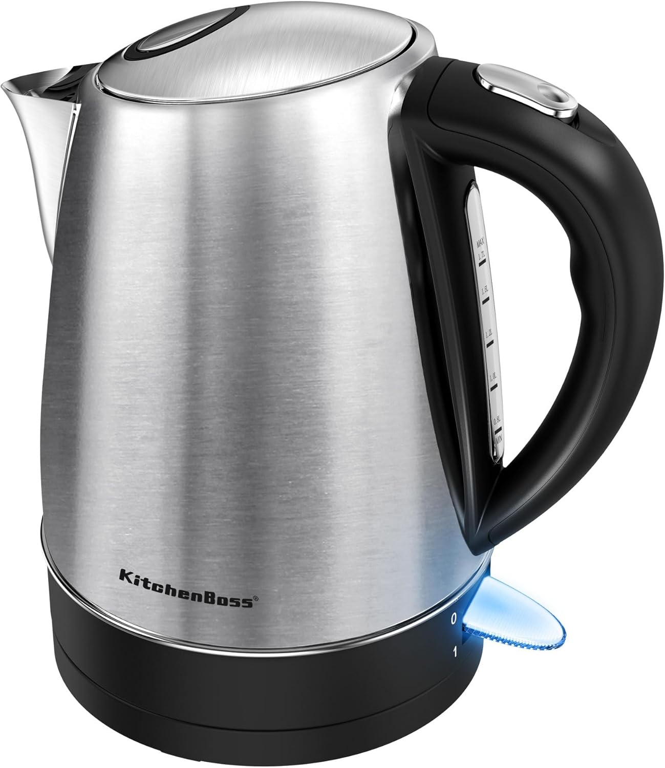 KitchenBoss Kettle 1.7 L Stainless Steel Electric Kettle with Limescale Filter, Kettle with Visible Window and Water Level Indicator, Automatic Shut-Off and Boil Dry Protection, 2100 W